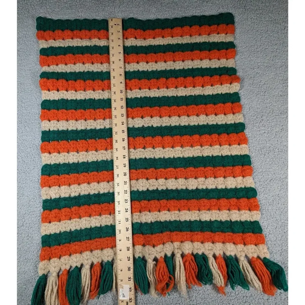 Handmade Crochet Afghan Throw Blanket Orange Tan Green Striped 24x32 Inch